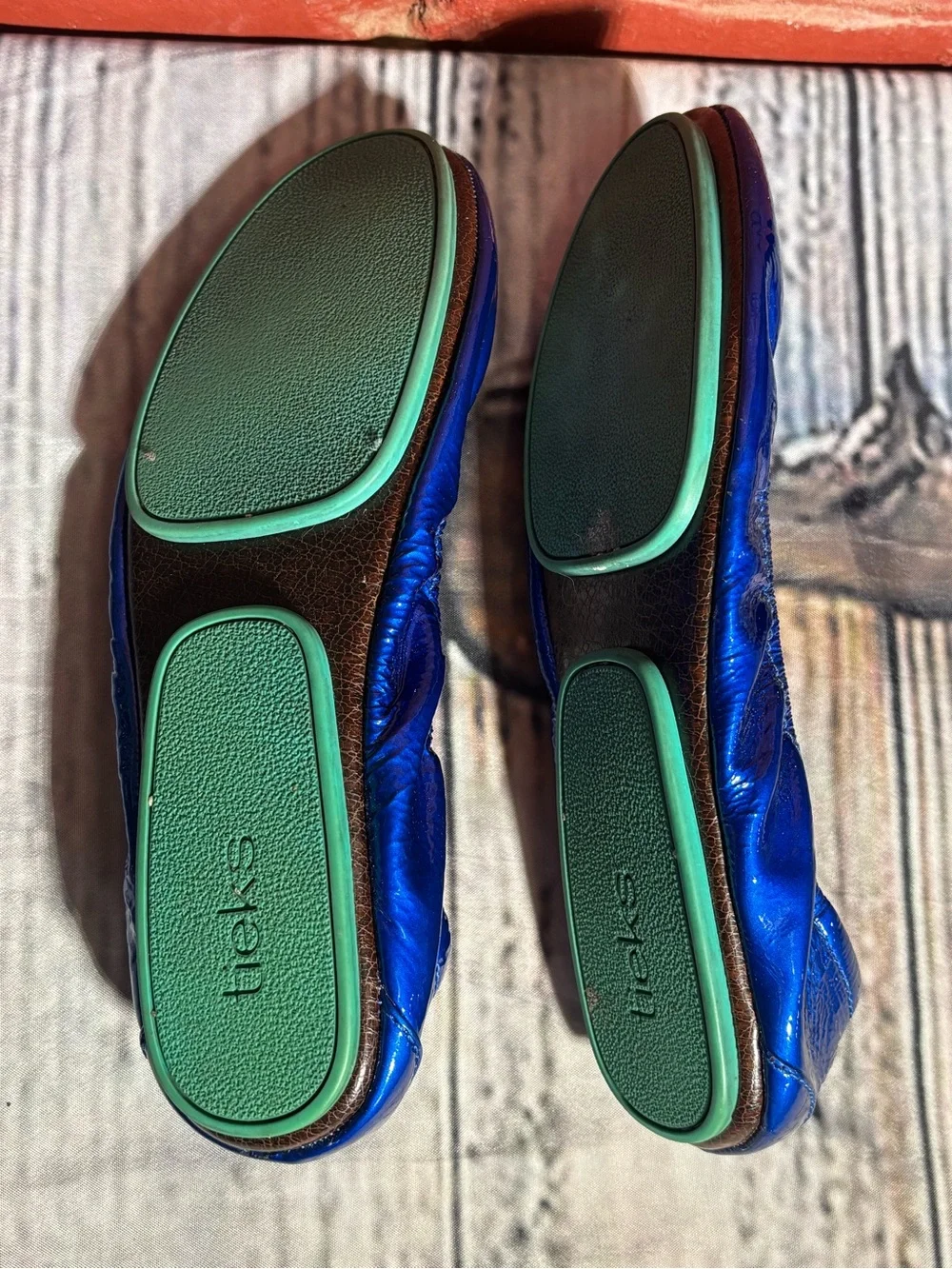 TIEKS Blue Metallic Foldable Ballet Flats with Teal Soles